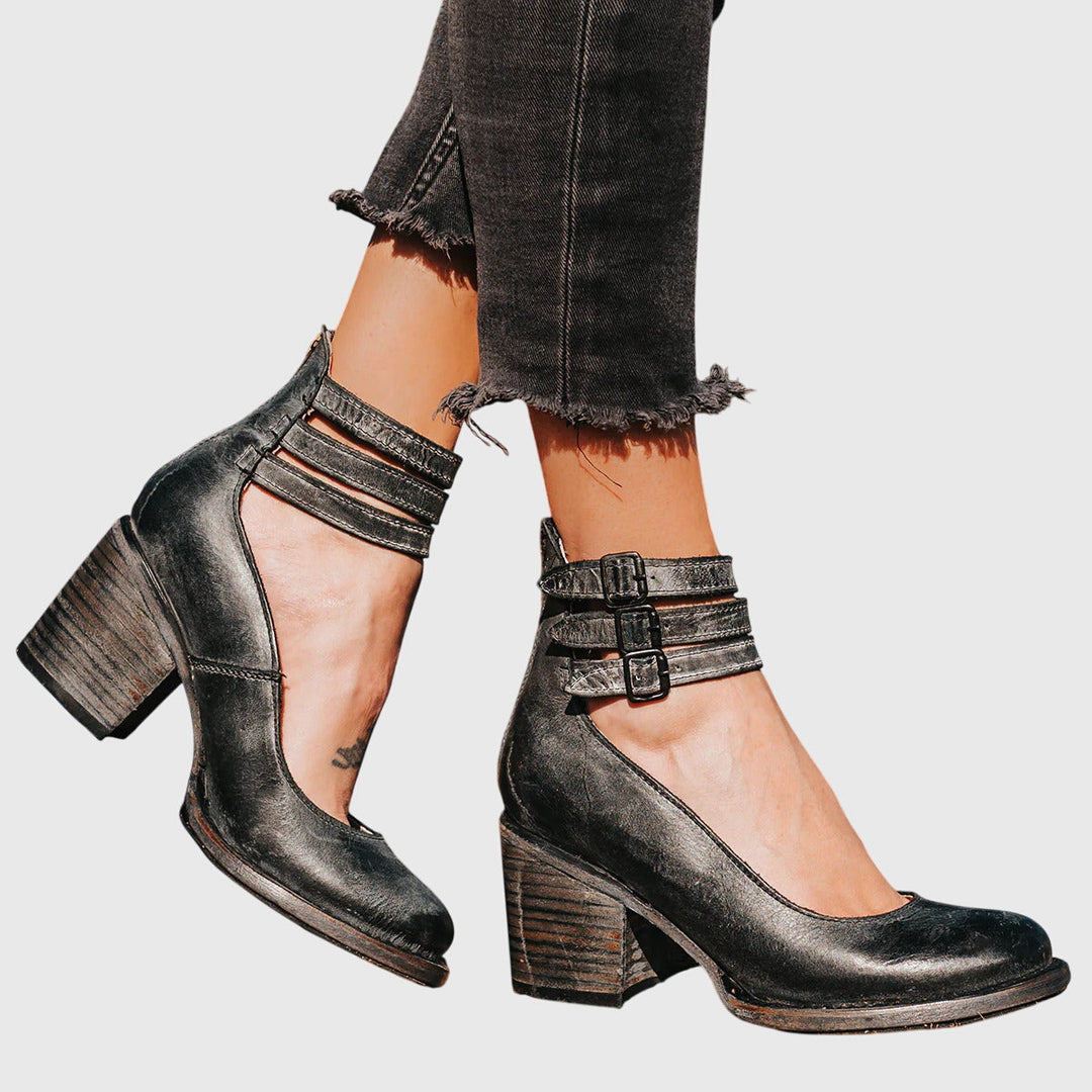 Tabitha | Block Heel Sandals with Ankle Straps and Side Cutouts