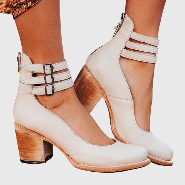 Tabitha | Block Heel Sandals with Ankle Straps and Side Cutouts