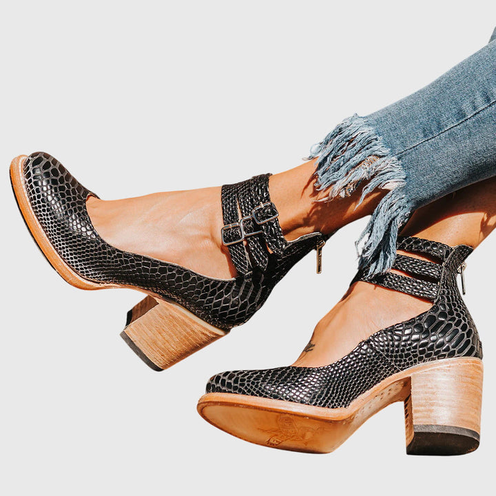 Tabitha | Block Heel Sandals with Ankle Straps and Side Cutouts