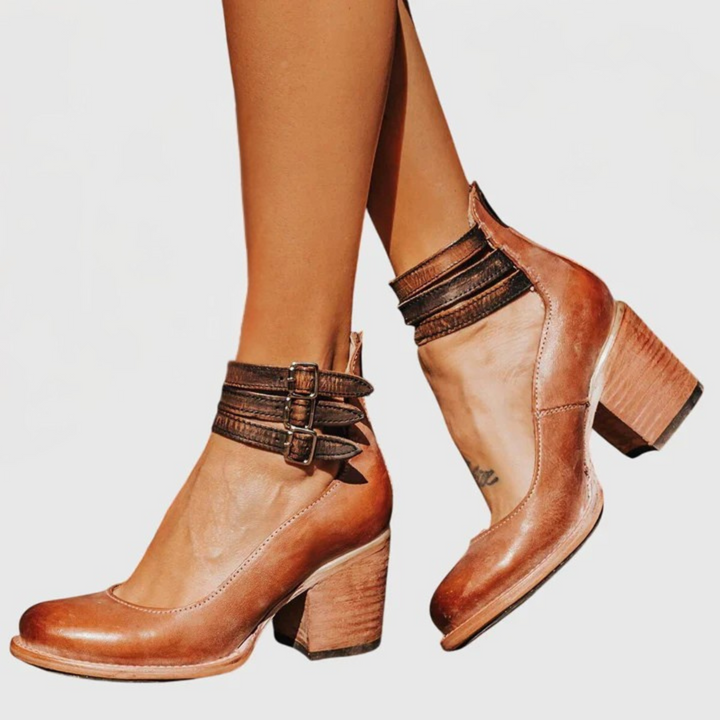 Tabitha | Block Heel Sandals with Ankle Straps and Side Cutouts