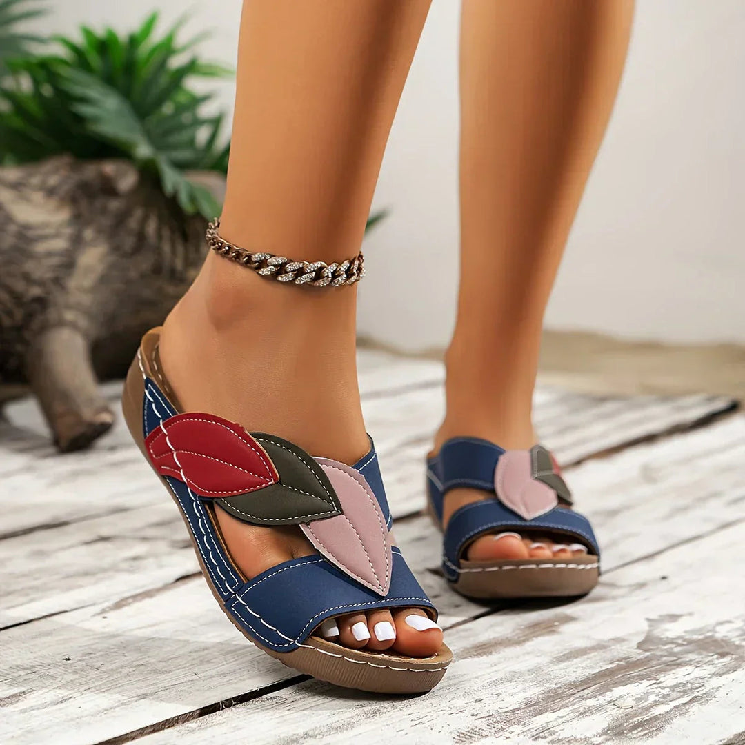 Tabitha | Slip On Sandals with Leaf Detail and Wedge Heel