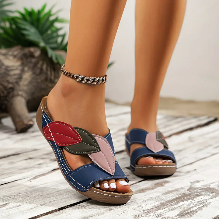 Tabitha | Slip On Sandals with Leaf Detail and Wedge Heel