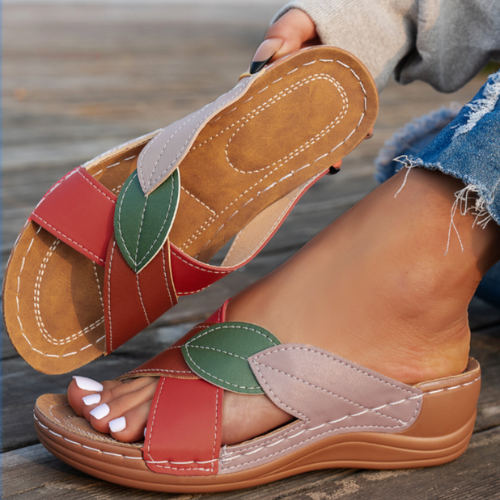 Tabitha | Slip On Sandals with Leaf Detail and Wedge Heel
