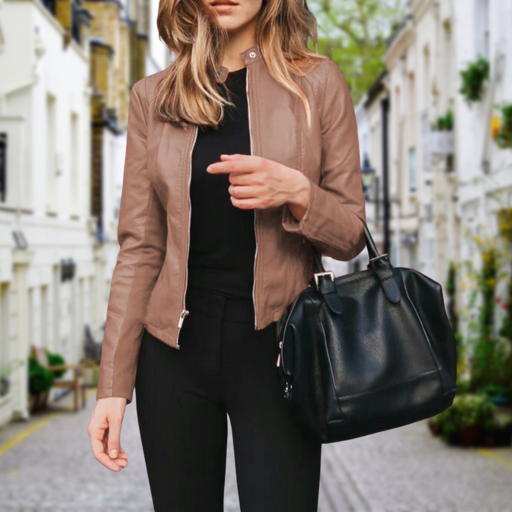 Tina | Zippered Biker Jacket with Mock Neck and Long Sleeves