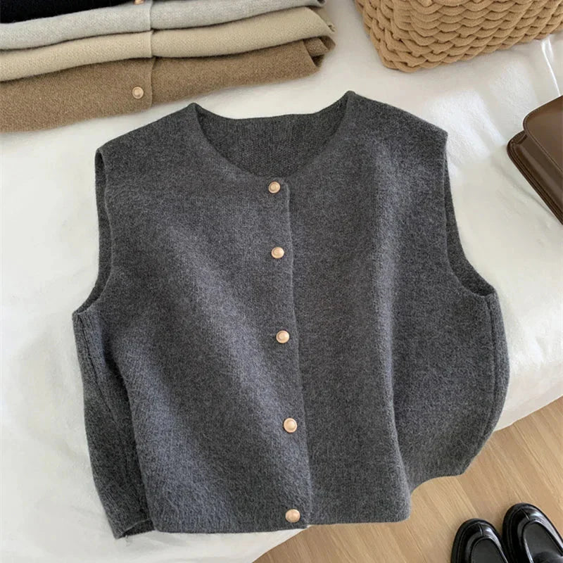 Vanessa | Sleeveless Cardigan with Button Front and Crew Neck