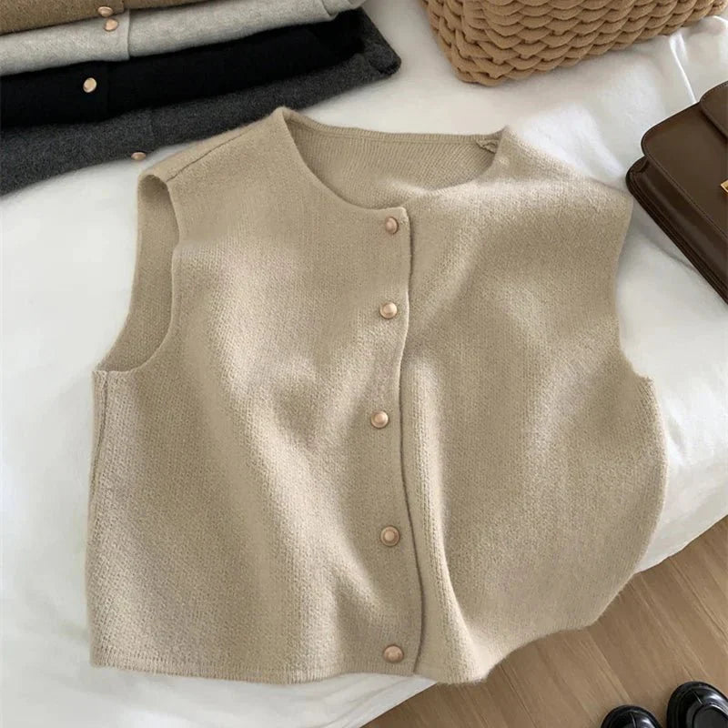 Vanessa | Sleeveless Cardigan with Button Front and Crew Neck