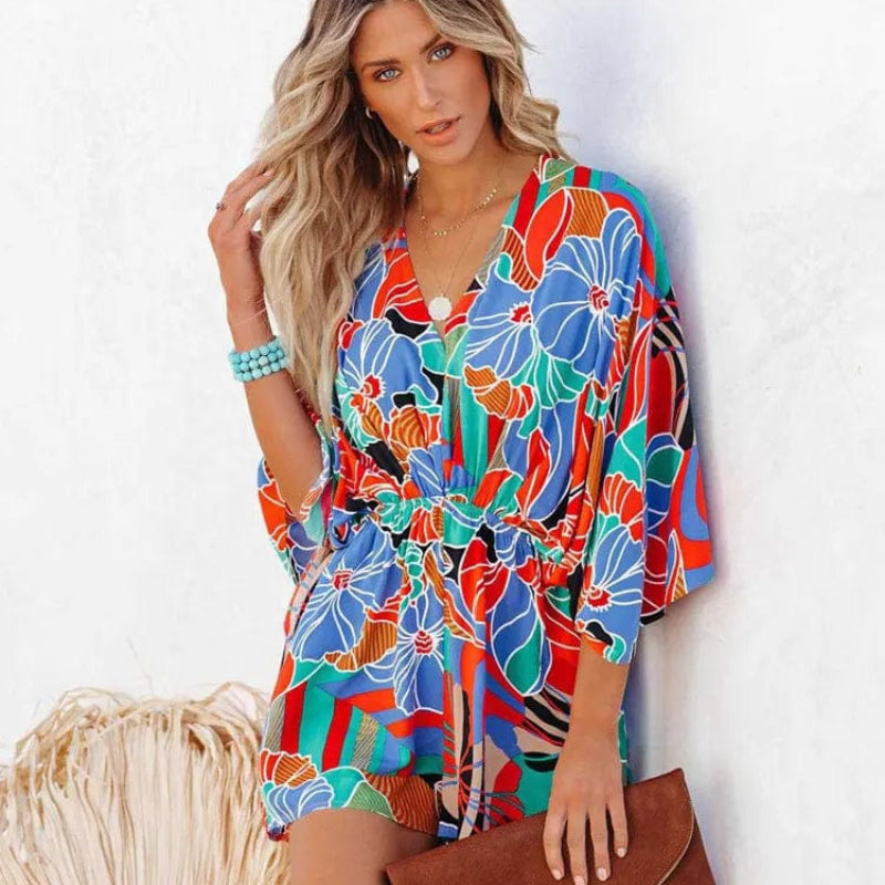 Vicki | Floral Mini Dress with V Neck and Kimono Sleeves