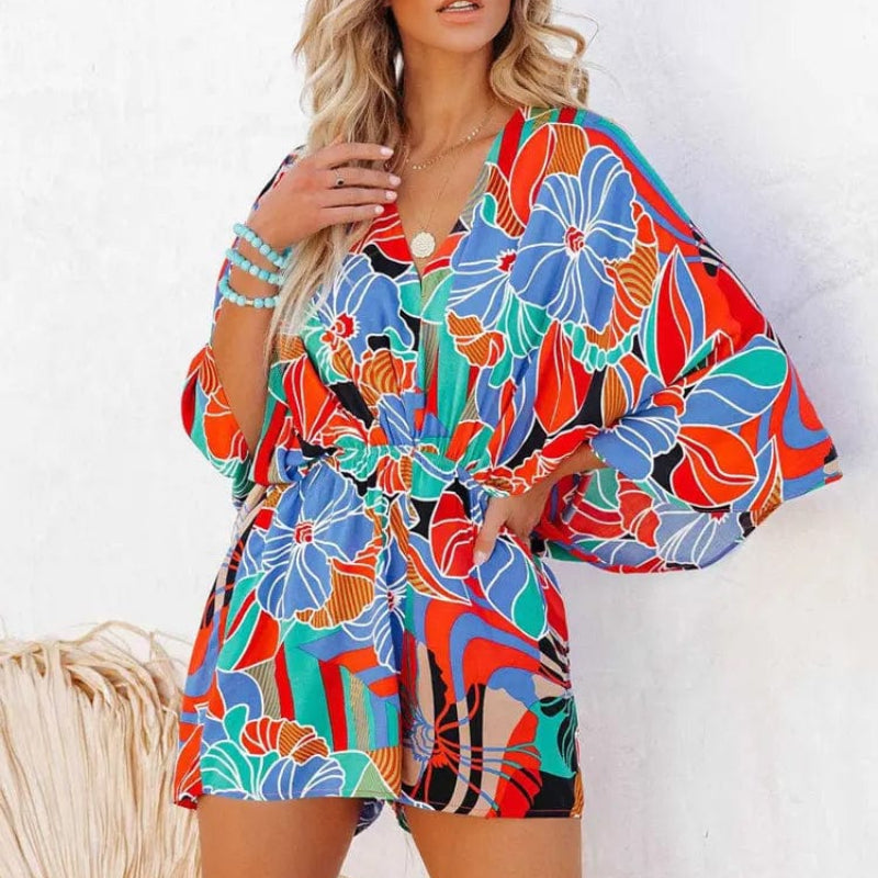 Vicki | Floral Mini Dress with V Neck and Kimono Sleeves