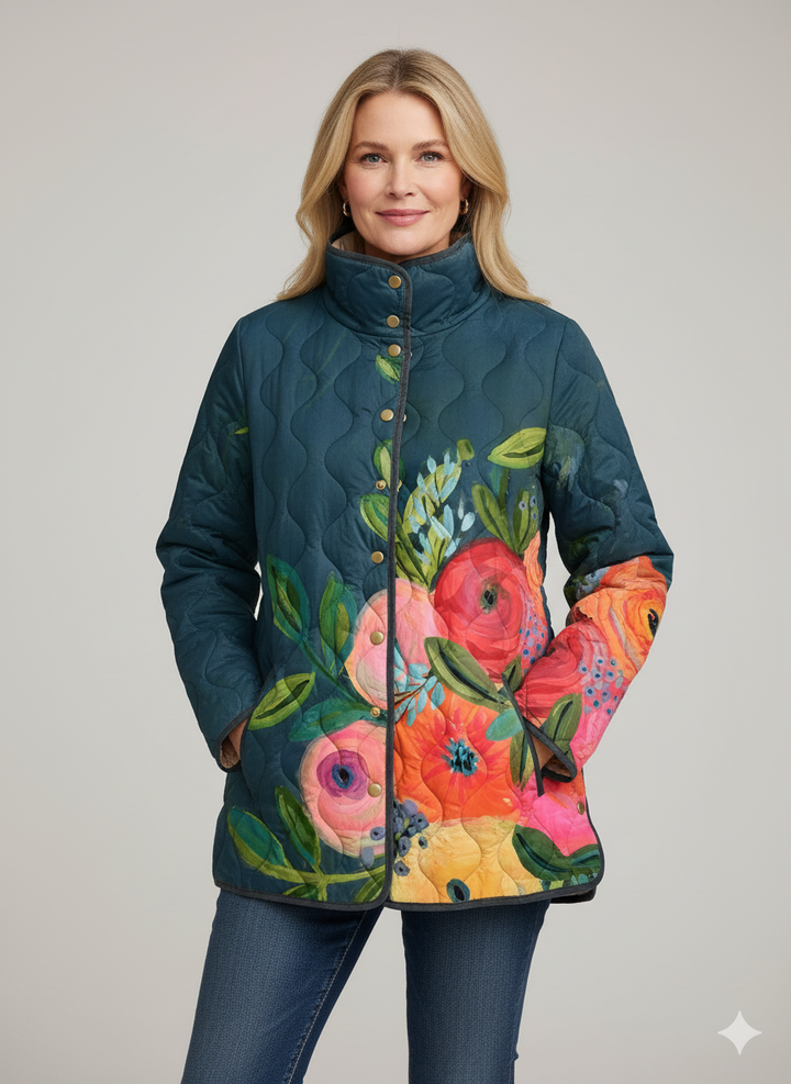 Virginia | Floral Quilted Jacket with Mock Neck and Button Closure