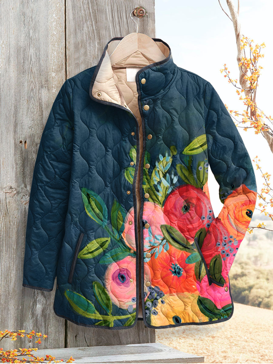 Virginia | Floral Quilted Jacket with Mock Neck and Button Closure