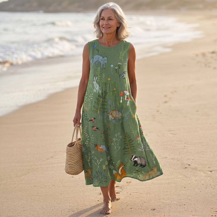 Winifred | Nature Print Maxi Sundress with Round Neck and Tiered Skirt