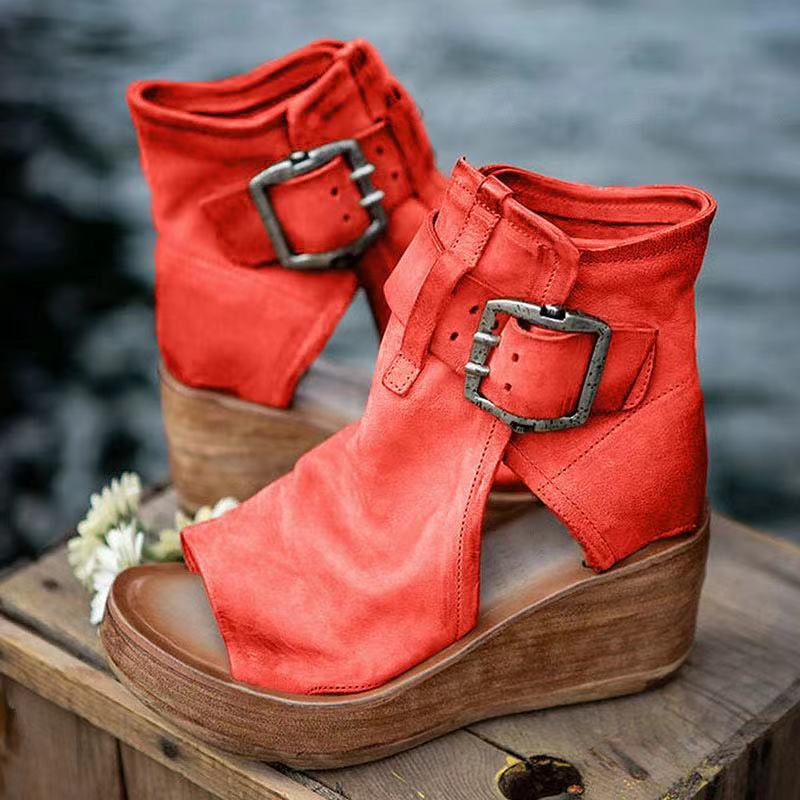 Yvonne | Boho Wedge Sandals with Buckle Strap and Peep Toe