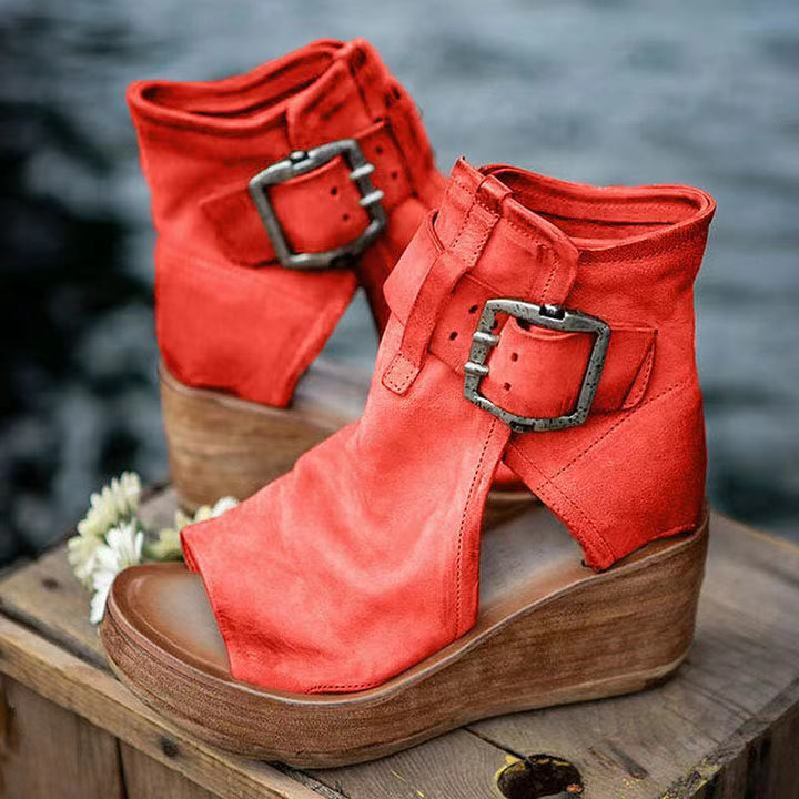 Yvonne | Boho Wedge Sandals with Buckle Strap and Peep Toe