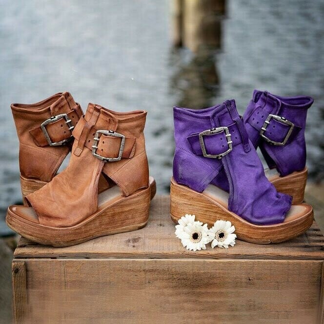 Yvonne | Boho Wedge Sandals with Buckle Strap and Peep Toe