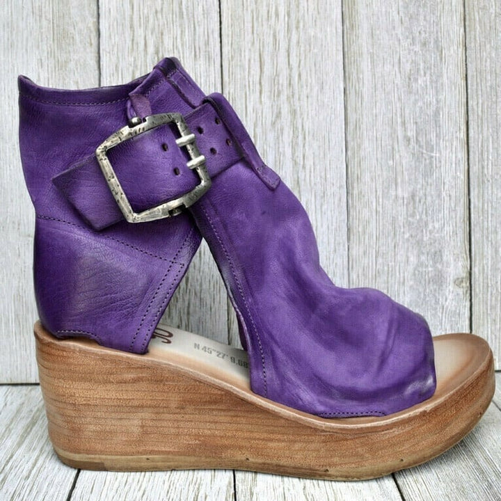 Yvonne | Boho Wedge Sandals with Buckle Strap and Peep Toe