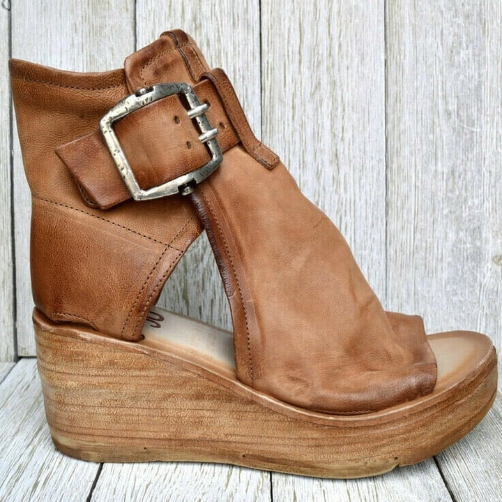 Yvonne | Boho Wedge Sandals with Buckle Strap and Peep Toe