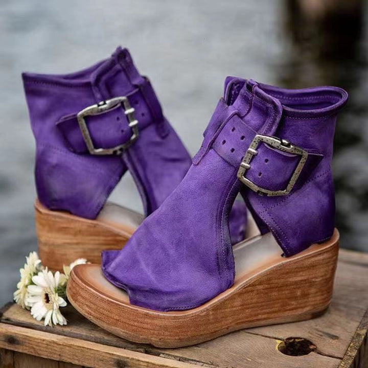 Yvonne | Boho Wedge Sandals with Buckle Strap and Peep Toe