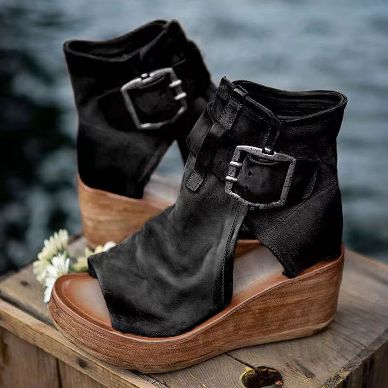 Yvonne | Boho Wedge Sandals with Buckle Strap and Peep Toe