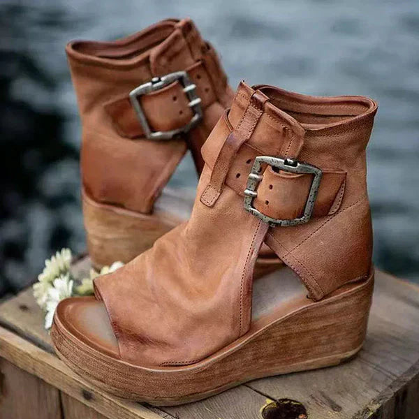 Yvonne | Boho Wedge Sandals with Buckle Strap and Peep Toe