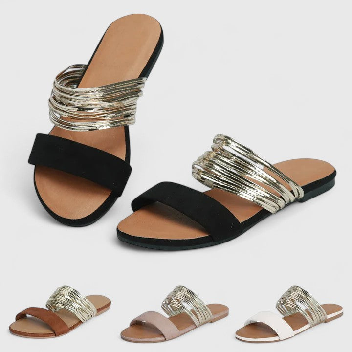Yvonne | Flat Sandals with Gold Straps and Open Toe