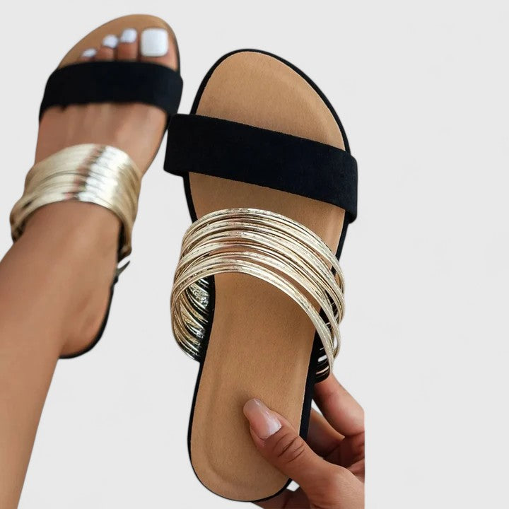 Yvonne | Flat Sandals with Gold Straps and Open Toe